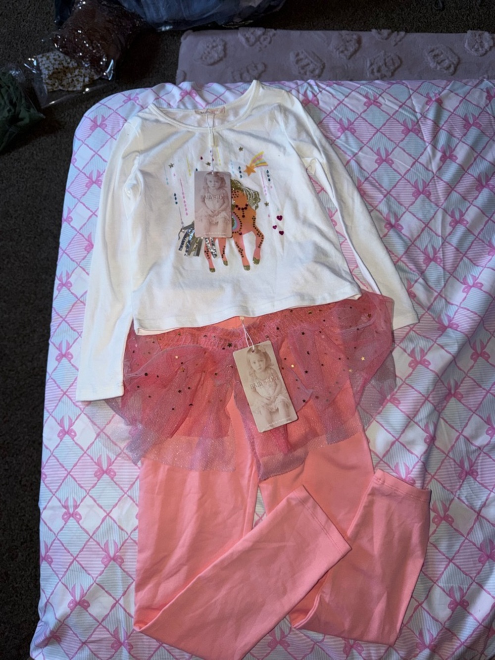 Girls Unicorn Tutu Pajama Set - Long Sleeve Top with Pink Leggings
